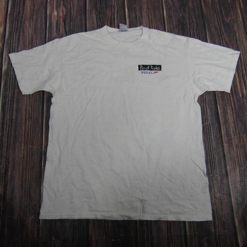 Vintage Speedo Pool Rules Shirt Mens XL White Swim Graphic Tee Flags 90s